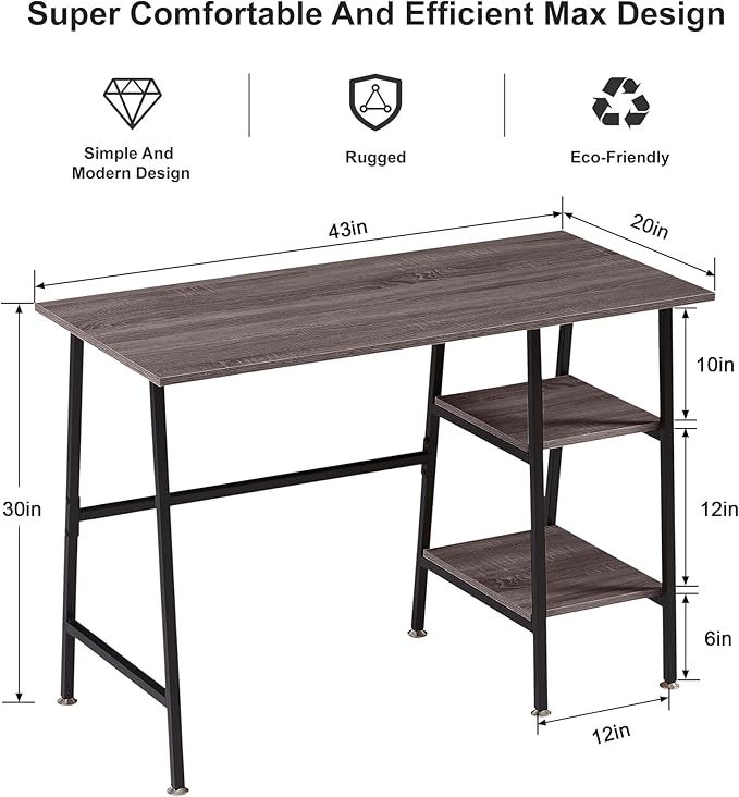 VECELO 43 Inch Computer Desk Writing Study Work Office Table Modern Desk with Shelves Wooden Desk for Home BedroomBrown Desk
