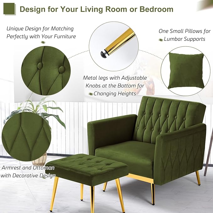 Velvet Accent Chair w/Adjustable Armrests and Backrest Button Tufted Lounge Chair Single Recliner Armchair with Ottoman and a Pillow for Living Room BedroomOlive Green