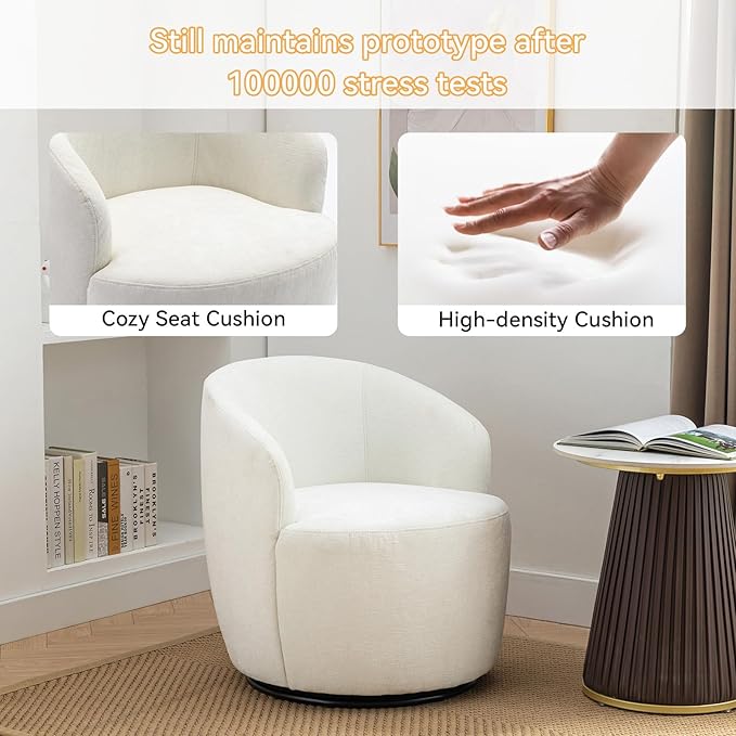360 Degree Swivel Accent Chair Modern Barrel Vanity Chair with Back Comfy Single Circle Couch for Living Room Bedroom Reading Nook (Chenille White)