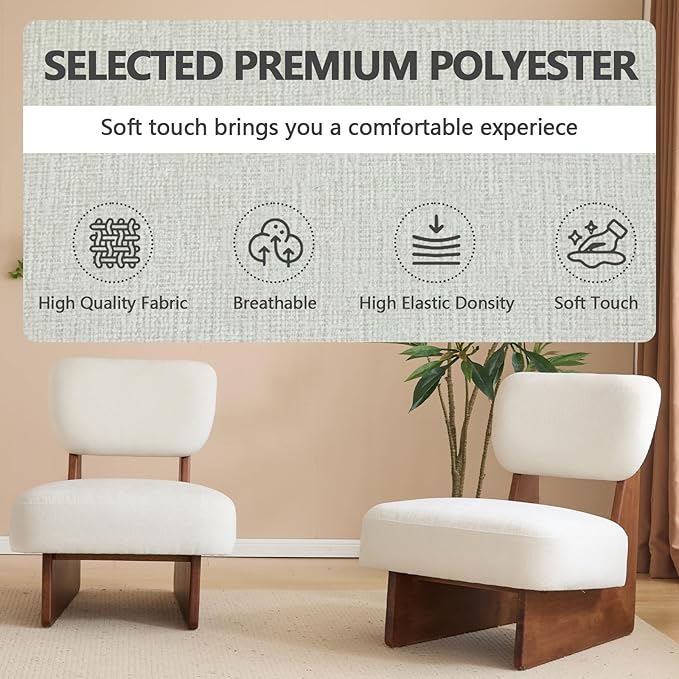 White Accent Chair Set of 2 for Small Spaces Armless Accent Chair for Bedroom Side Chairs &amp Comfy Chairs for Living Room Wood Base Comfy Cushion Bedroom Office (Walnut+White)