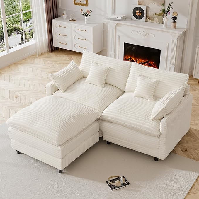 HYJT-H&ampK 74 L Shaped Cloud Couch Modular Small Sectional Couches for Living Room Small Spaces Comfy Fluffy Corduroy Cloud Loveseat with Ottoman 3 Seat Sectionals Sofa White