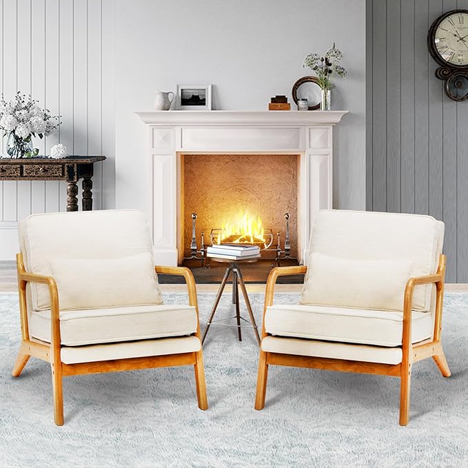 Modern Accent Chair with Lumbar Pillow Relaxing Mid Century Chair Armchair with Solid Wood Frame &amp Soft Cushion Reading Leisure Armchair for Living Room Beige
