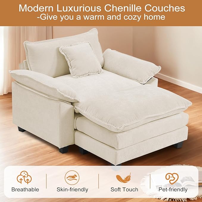 Furniliving 46‘’ Oversized Chair with Ottoman Luxury Chenille Single Sofa Upholstered Deep Seat Chaise Lounge with Pillows for Living Room Bedroom Apartment Beige