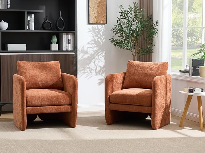 Modern Barrel Accent Chair Mid-Century Beige Chenille Fabric Armchair for Living Room Comfy Upholstered Reading Accent Chairs Single Sofa Chair for Bedroom Waiting Room Office1 PCS Orange
