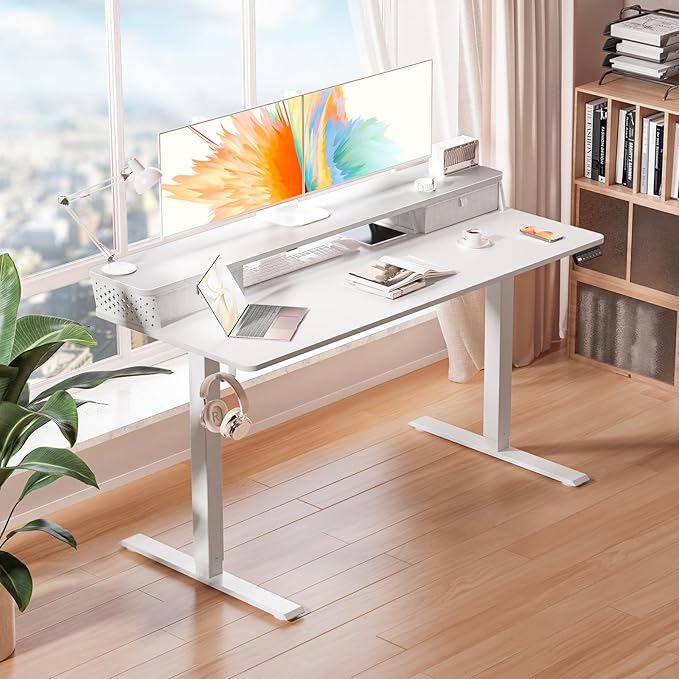 Kingant 55 x 24 Inch Electric Standing Desk with Dual Drawers Height Adjustable Sit to Stand Computer Desk with Storage Shelf and C-Clamp Mount Compatibility for Home Office White