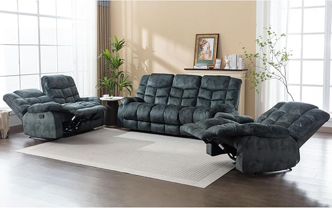EBELLO Loveseat Recliner Sofa for Living Room Extra Wide Modern Overstuffed 2 Seat Reclining Manual Sofa Chair Breathable Fabric and Padded Cushion Green Grey