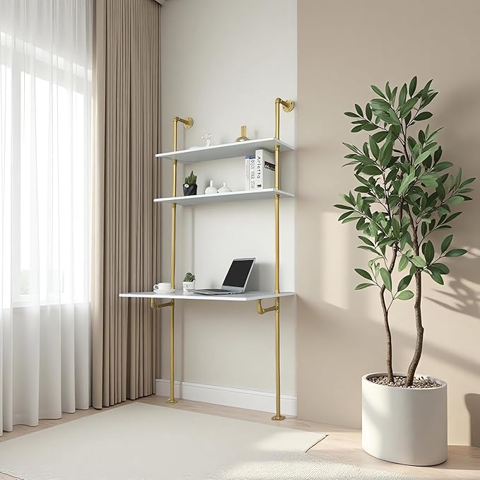MAIKAILUN White and Gold Desk 36 Ladder Desk Wall Mount Computer Writing Table Pipe Shelf Shelving Mini Narrow Industrial Modern for Small Spaces(36x20x81)