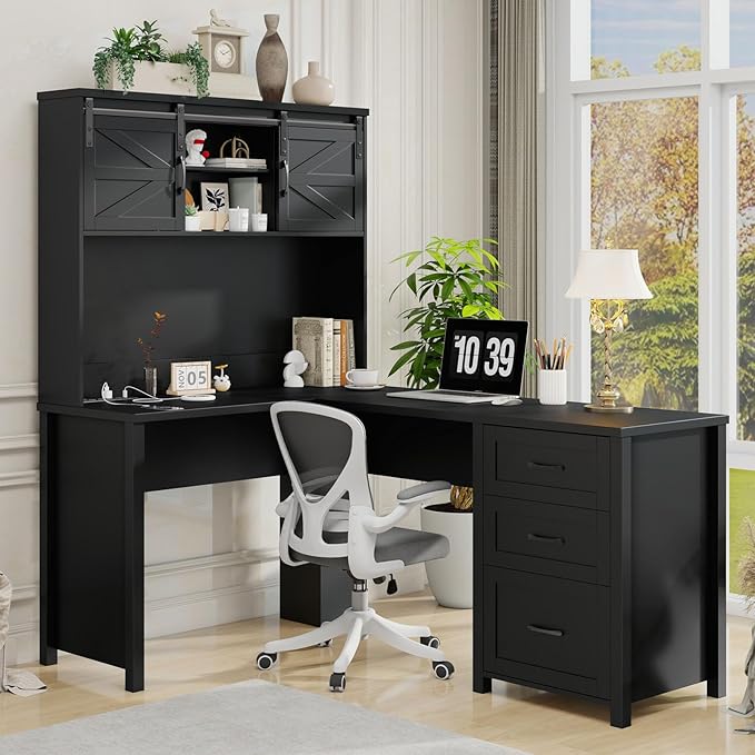 Vabches Farmhouse 68 H L Shaped Desk with HutchOffice Table with 3 Drawers and Sliding Doors Executive Desk with File Drawers and Charging Station Wood Workstation for Home Office and Study