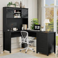 Vabches Farmhouse 68 H L Shaped Desk with HutchOffice Table with 3 Drawers and Sliding Doors Executive Desk with File Drawers and Charging Station Wood Workstation for Home Office and Study