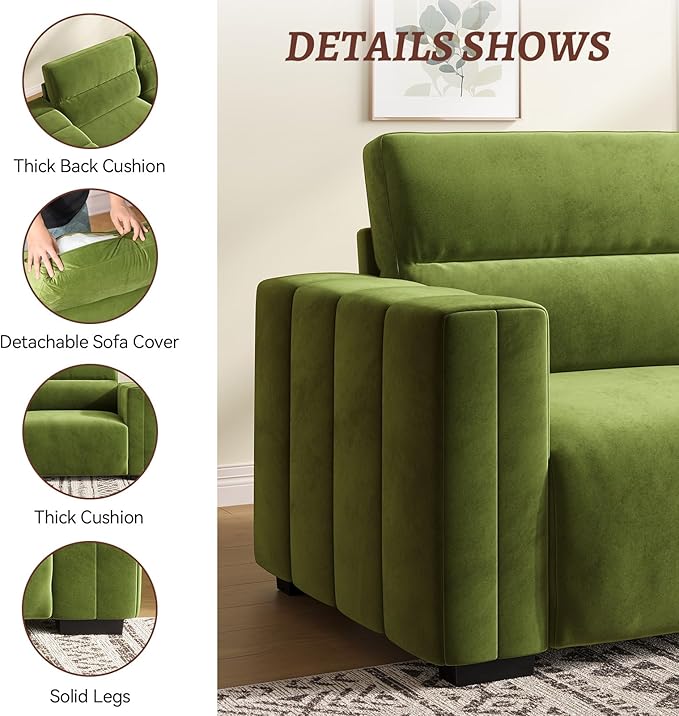 82 Inch Sofa with Extra Deep Seats Oversize Velvet Fabric 2 Seater Sofa for Living RoomModern Couch and Loveseat Comfy Armrests and Seats and Backrests Easy Installation Green