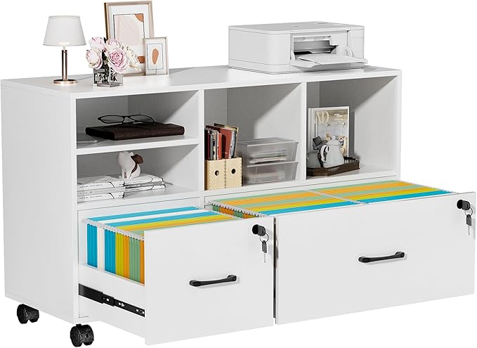 2 Drawer Wood Mobile Large Lateral File Cabinet Lockable Rolling Filing Cabinet with Storage Shelves Printer Stand Office Storage Cabinet for Home Office Fits Files Legal/A4 White