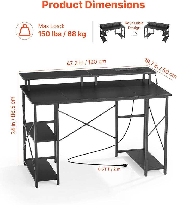 VEVOR 47 Gaming Desk with LED Lights &amp Power Outlets Computer Desk with Monitor Stand &amp 2-Tier Storage Sheves Study Work for Home Office Black