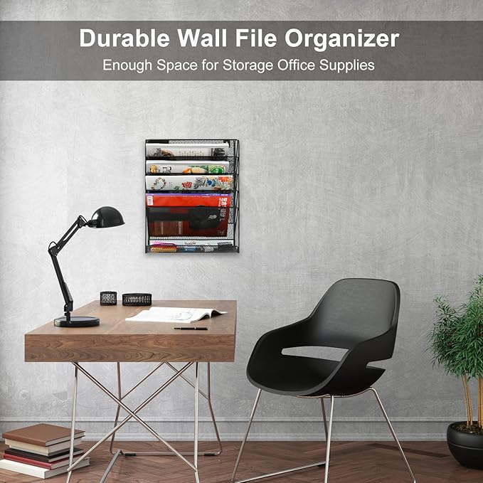 EasyPAG 5 Tier Wall File Holder Mesh Hanging Folder Organizer with Classify Label Versatile Desk File Holder Vertical Wall Mounted Mail Organizer for Office Home Cubicle Black