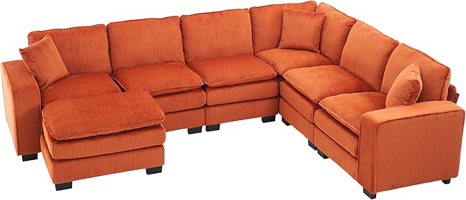 143 Large Modular Sectional Sofa Convertible U - L Shaped 6-Seat Sofa Couch with One Ottoman Chaise and Pillows Sectional Couches Comfy Corduroy Upholstered Sofa Sleeper for Living Room (Orange)