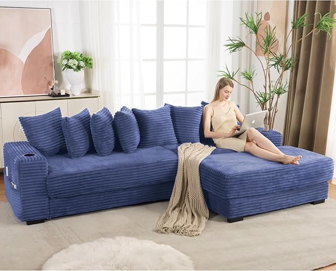 111 Inch Sleeper Sofa Bed | Convertible Cloud Sectional Couches for Living Room | L-Shaped Couch with Cup Holder Side Pocket 8 Pillpws | Blue