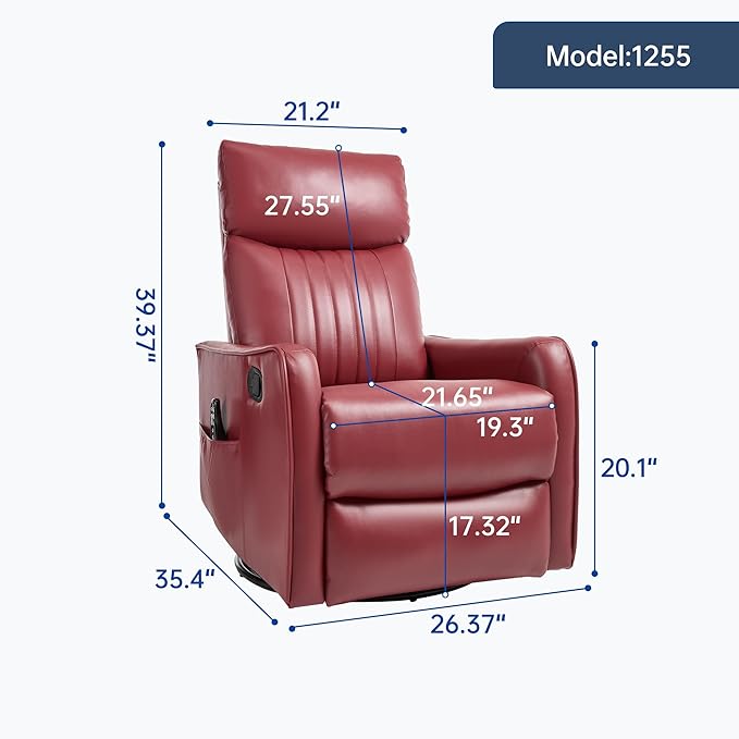 High Back Massage Recliner with Heat - Swivel Rocking Chair for Small Spaces Manual Lazy Boy Recliner for Adults Perfect for Living Room &amp Bedroom Soft Fabric (Red)