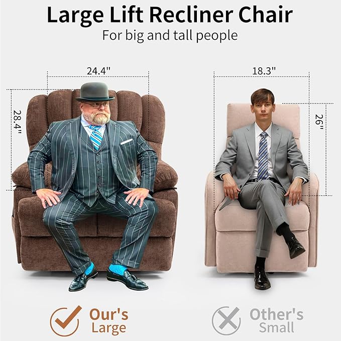 Power Recliner with Vibration Massage &amp Lumbar Heat Electric Lift Chairs for Elderly High Back Reclining Max 155 Degree with Charging Ports Chenille Fabric Brown