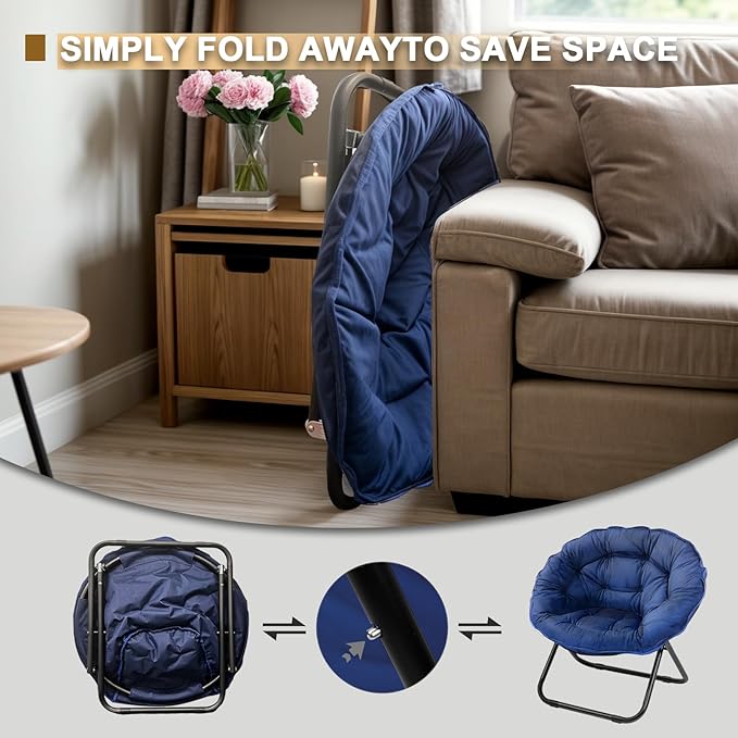 Grezone Folding Saucer Chair Lazy Moon Chair with Metal Frame Comfy Bedroom Chairs for Bedroom Living Room Study Navy