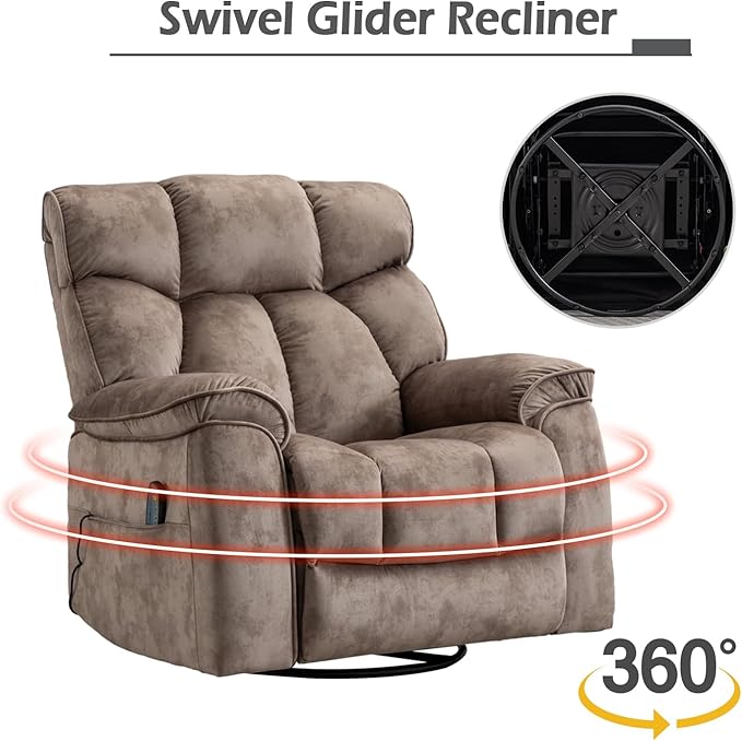 INZOY Oversized Rocker Recliner with Heat and Vibration Manual Swivel Rocking Recliner Chair with Vibrating Massage Comfy Padded Overstuffed Soft Fabric Heated ReclinerCamel