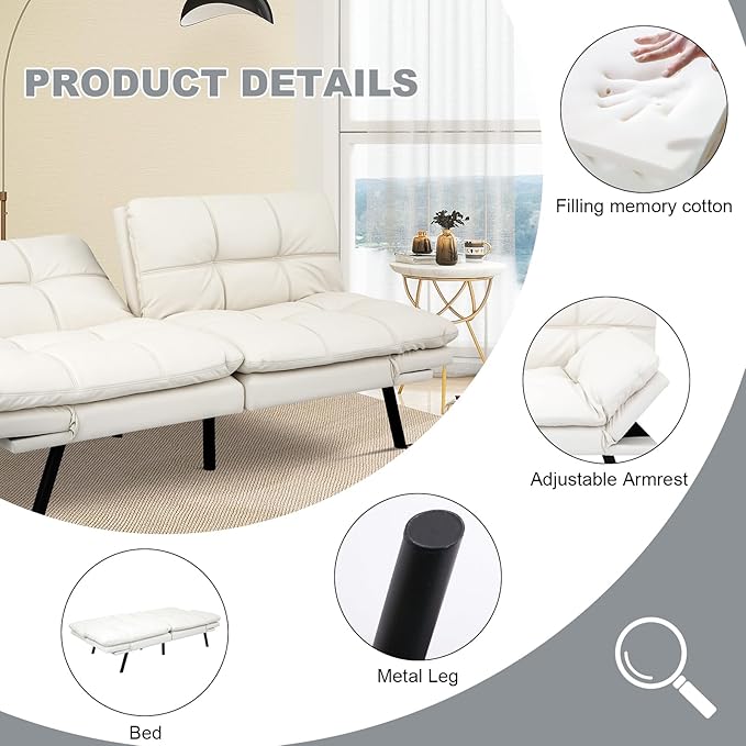 MUUEGM Futon Sofa Bed Convertible CouchMemory Foam Futon Sofa CouchSleeper Futons Sofa CouchesSmall Splitback Modern Loveseat Sofa Bed for Living RoomOfficeApartmentFaux LeatherWhite.