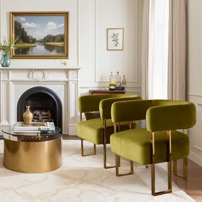 Modern Barrel Accent Chairs Set of 2 Comfy Upholstered Velvet Armchairs for Living Room with Semi-Open Back Reading Accent Chairs with Gold Metal Legs for Bedroom Vanity Reception Olive Green