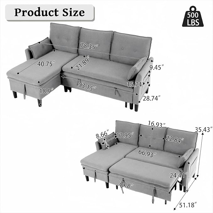 78 L-Shaped Sleeper Sofa Bed Couch 3-Seater Reversible Pull Out Couch Bed with Storage Chaise Lounge Cotton-Linen Pullout Sofabed Sectional Couches for Living Room Apartment Yellow