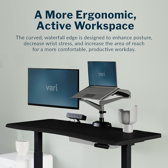 Vari Ergo 54x26 Electric Standing Desk + Height Adjustable Sit-Stand Desk + Curved Waterfall Edge 4 Memory Settings Quick Assembly Cable Management 200 lb Capacity – Black/Black Legs(2 Boxes)