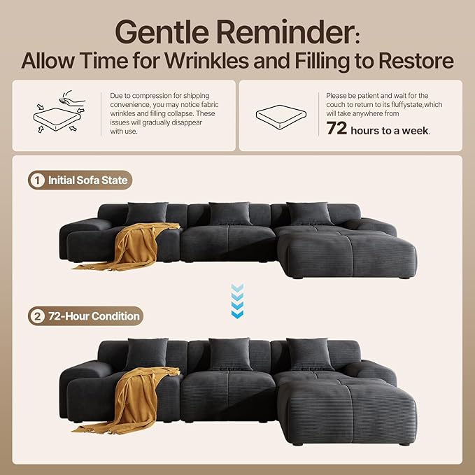 113 Modern L-Shaped Modular Sectional Sofa for Living Room Corduroy Upholstery Gray 3-Seater Cloud Couchand Movable Ottoman – No Assembly Dark Gray
