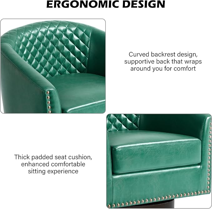Swivel Barrel Accent Chair Comfy Modern Upholstered Round Faux Leather Arm Chair for Living Room Bedroom（Green Set of 4