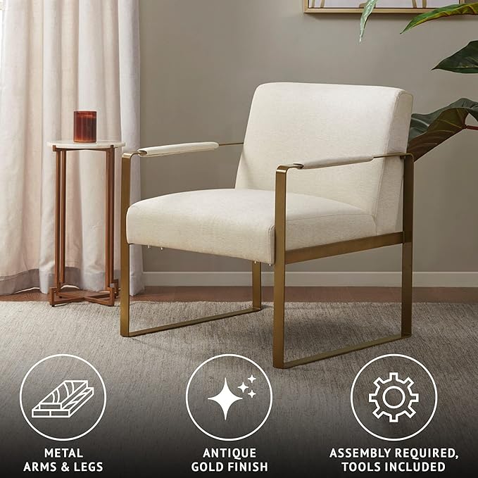 Martha Stewart Upholsterd Accent Chair Living Room Furniture - Modern Design Comfortable Foam Seat Cushion Bedroom Lounge Sophisticated Finished Sturdy Frame Cream/Gold 28.5 W x 29 D x 32.5 H