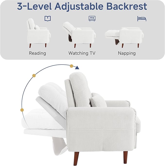 Lumibee Accent Chair with Storage Ottoman Upholstered Comfy Reading Chair with Adjustable Reclining Backrest Corduroy Fabric Lounge Chair Armchair for Living Room Bedroom White