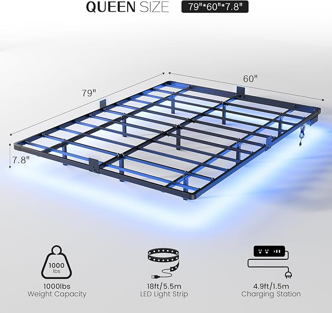 OLEVS Floating Bed Frame Queen Size with Smart LED Lights and Charging Station - Modern Metal Platform Bed Easy Assembly No Box Spring Needed