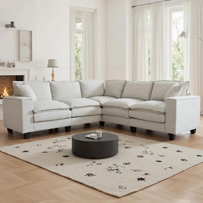 97 5 Seater L Shaped Couch Corner Sofa Oversized Cloud Couch with 2 Pillows Chenille Modular Sectional Sofa Armrests with Two Hidden Storage Space Sectional Couches for Living Room Beige