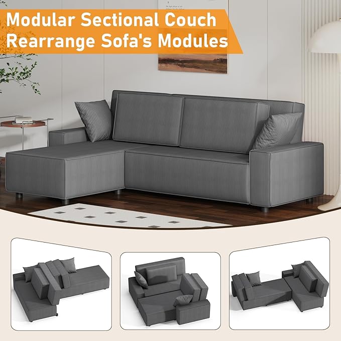 GAOMON Fine Stripe Corduroy Sectional Sofa l Shaped Modern Corduroy Couch Comfy Sofa Couch with Deep Chaise for Living Room Apartment Hotel 96 w*61 d*32 h Dark Grey