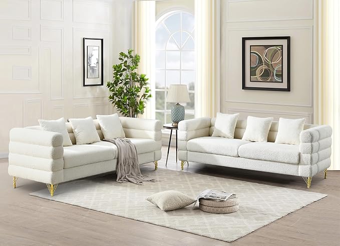 Antetek 81-inch Couches for Living Room Modern Teddy Fabric Upholstered Sofa Couch with Square Arm and 4 Golden Metal Legs for Living Room Office Apartment White