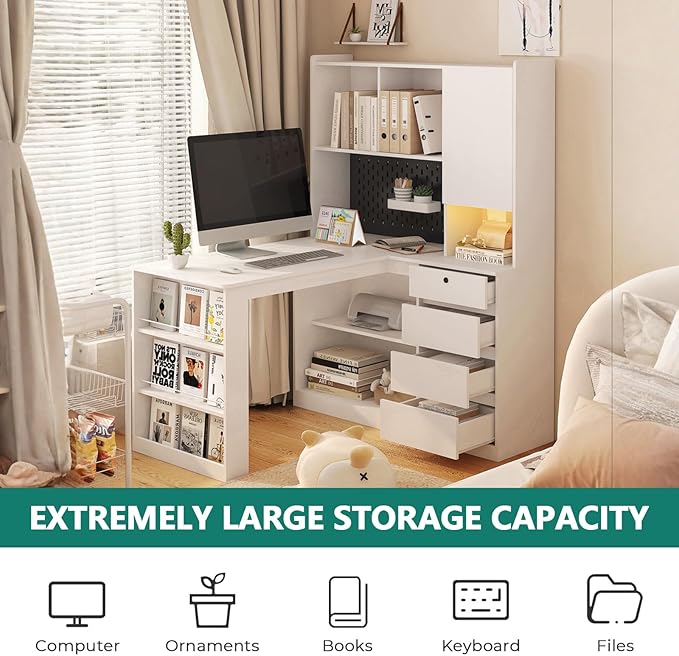 Anwick L Shaped Desk with Hutch Corner Computer Desk with Charging Station &amp Bookshelf &amp File Drawer Standing L Shape Desks for Home Office Bedroom Gaming Room Study Room (White-2)