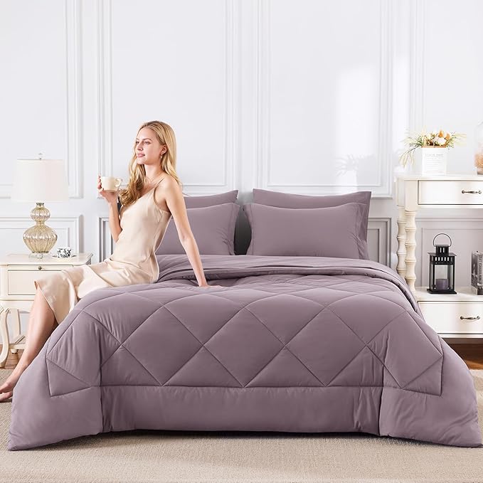 CozyLux Full Size Comforter Sets Dusty Purple - 7 Pieces Bed in a Bag Full Soft Bed Set for All Seasons Bedding Set with Down Alternative Comforter Sheets Pillowcases &amp Shams Grayish Purple