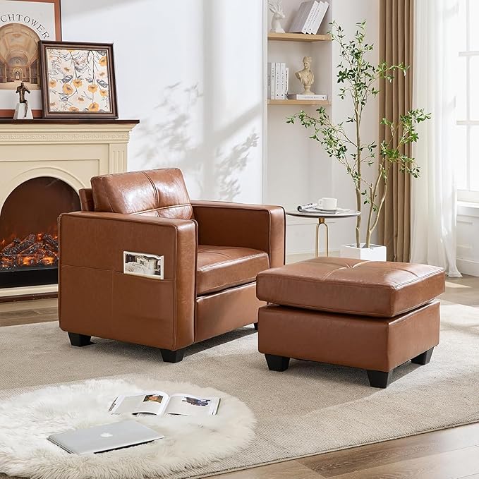 TYBOATLE Oversized Accent Chair with Ottoman Wide Chaise Lounge Chair Indoor Mid-Century Modern Armchair with Pockets Leather Comfy Chairs for Bedroom Living Room Office (Brown)
