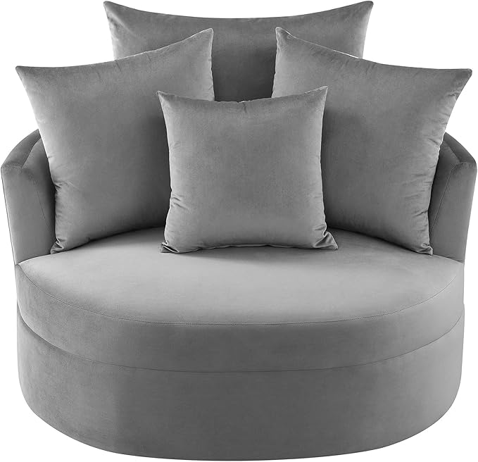 Modern Velvet Leisure Chair 360° Swivel Barrel Chair with 4 Movable Pillows and Metal Base Perfect for Living Room Bedroom Office Reception Area (Gray/Velvet+S)