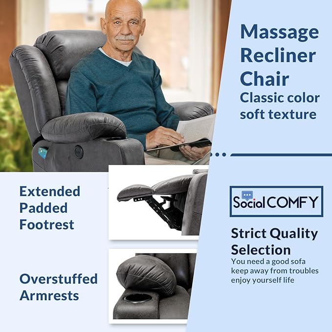 Manual Swivel Glider Rocker Recliner Chair with Heated Massage 360° Swivel Overstuffed Reclining Chair with 2 Cup Holders Side Pockets &amp USB Ports for Living Room Gray
