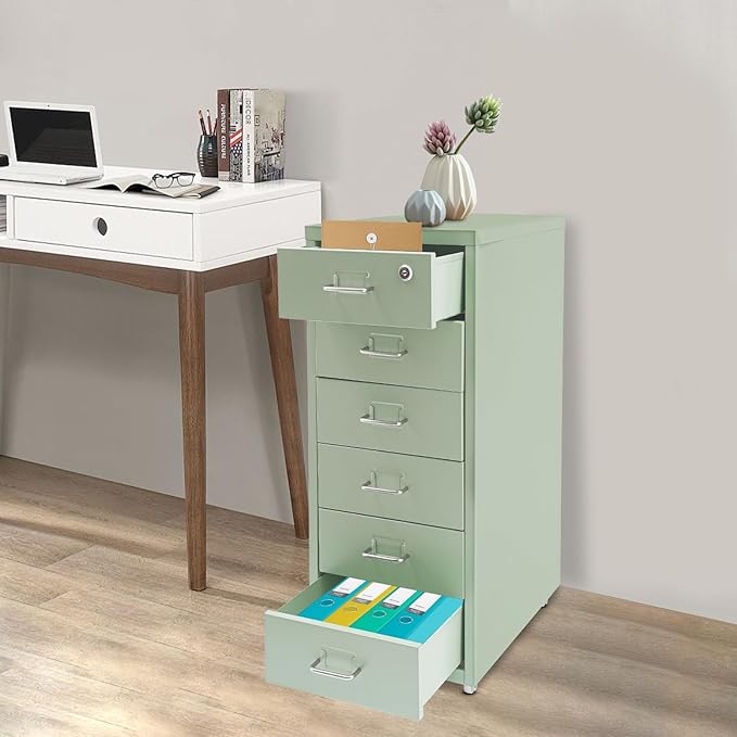 Office File Cabinet w/4 Wheels 6 Drawer Metal Small Vertical File Cabinets w/2 Lock Smooth Edges Mobile Storage Cabinet File Organizer for Home Office Living Room 11 * 16 * 27in (Green)