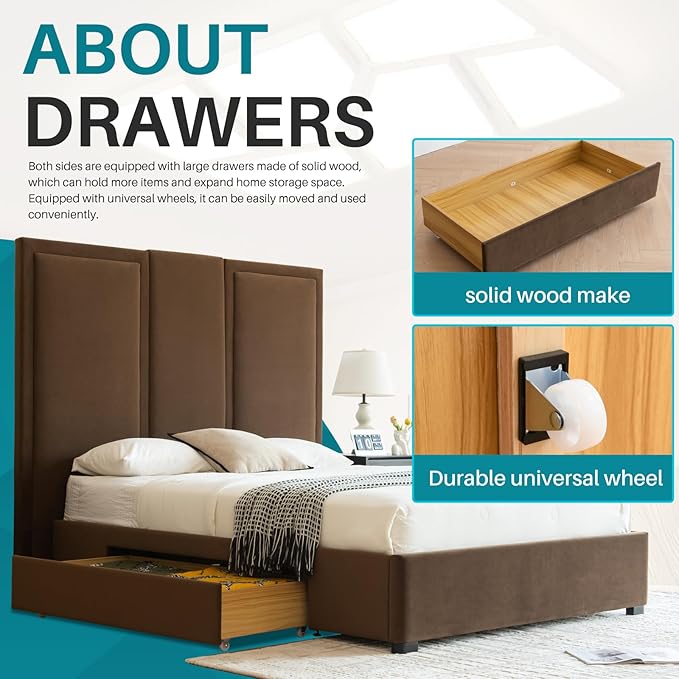 YUHUASHI Queen Size Bed Frame with 64-inch High Headboard Simple and Airy Linen Upholstered Platform Bed with Storage Drawers Wood Slat No Noise (Brown Queen)