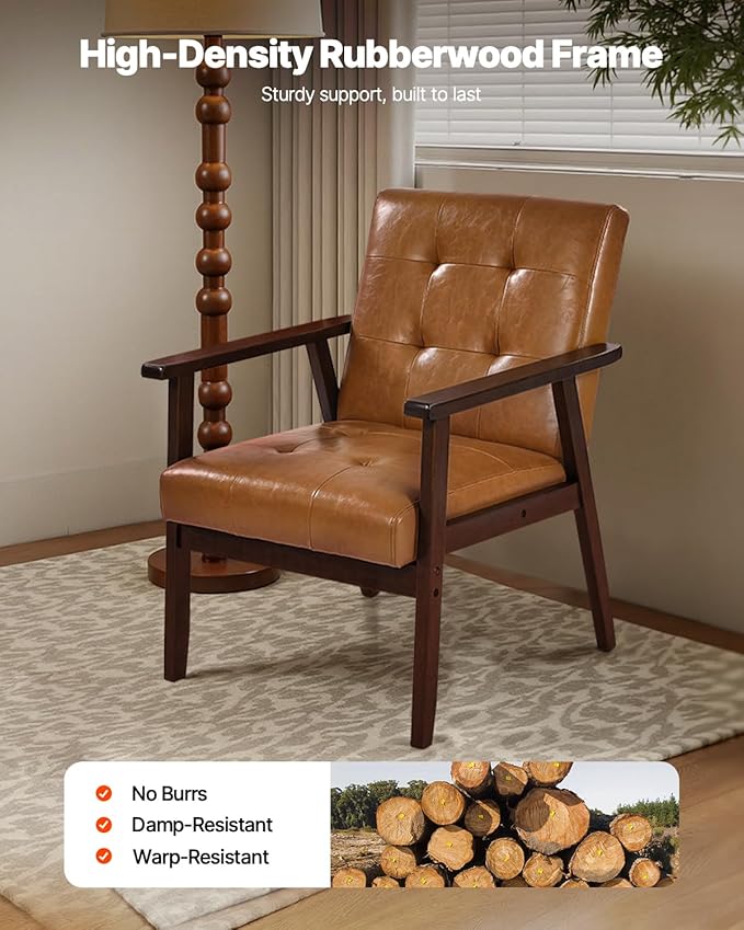 VEVOR Accent Chair Mid Century Modern Armchair with Solid Wood Frame and Non-Slip Legs Upholstered Leisure Chair with PU Leather and Soft Cushion for Living Room Bedroom Office