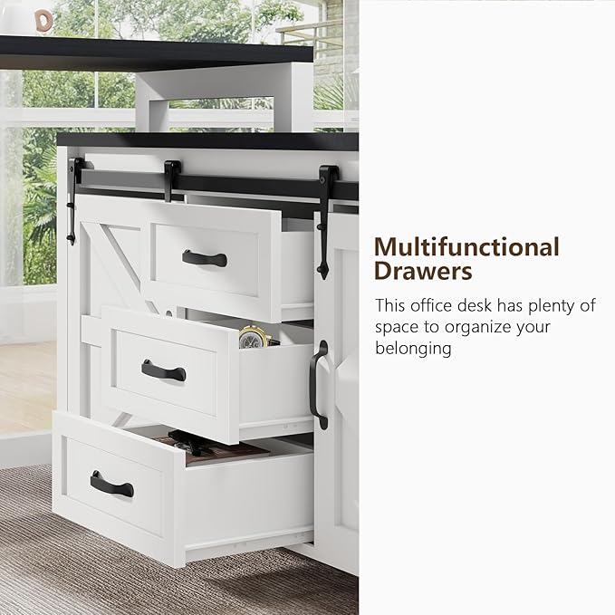 L Shaped Desk With Drawers Farmhouse Executive Wood Home Office With Power Outlet Rustic Reversible Computer With Storage Cabinet Double Sliding Barn Door and Adjustable Shelves