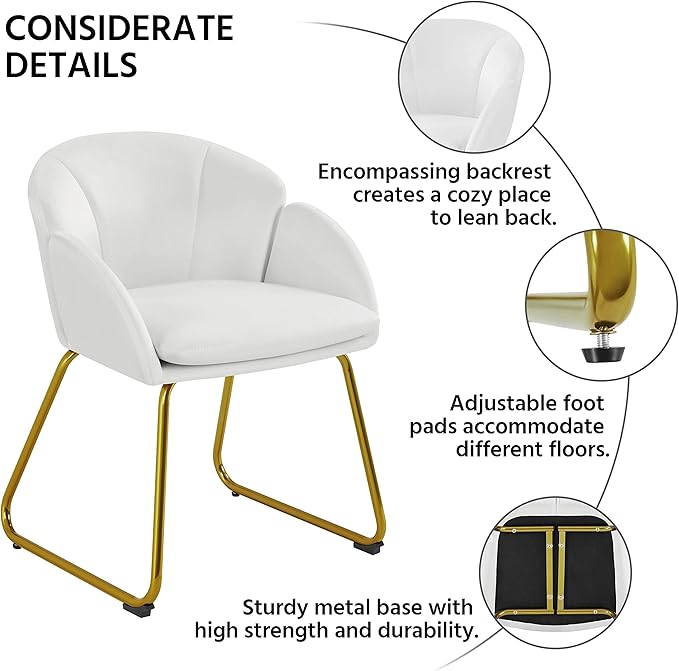 Yaheetech Modern Velvet Vanity Chair Armchair Flower Shaped Makeup Chair with Golden Metal Legs for Living Room/Makeup Room/Bedroom/Home Office/Kitchen White