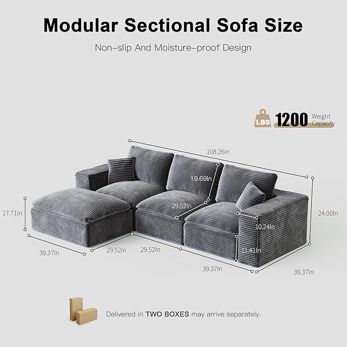 108'' Modular Sectional Sofa with Ottoman Corduroy Cloud Sectional Couches for Living Room High-Back Modern L Shaped Boneless Couch Deep Seat 3 Seater Sofa No Assembly Required Grey