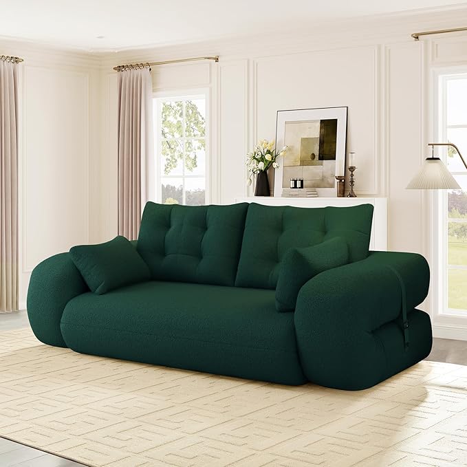 Convertible Sofa Bed with Folding Mattress Oversized Human Dog Bed 3-in-1 Sleeper Couch with Pillows and Thick Armrests 78.7 King Size Floor Sofa for Living Room Bedroom Guest Room Green Teddy