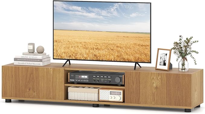 Tangkula Modern TV Stand for up to 70” TVs 63”L Minimalist Entertainment Center w/ 2 Doors &amp Open Shelves Media Console Table Storage Cabinet with 6 Support Feet for Living Room (Natural 63”L)