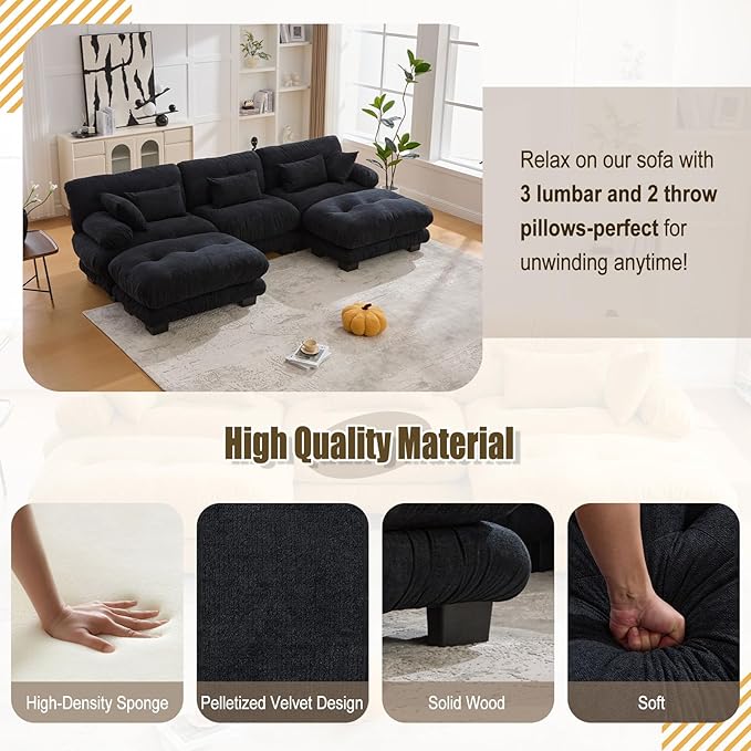 118 Oversized U Shaped Sectional Couch with 2 Ottomans Pelletized Velvet Cloud Couch with Bolster Armrest Pillows 3 Seater Comfy Sofa Modular Couches for Living Room (Black 118+2 Ottoman)