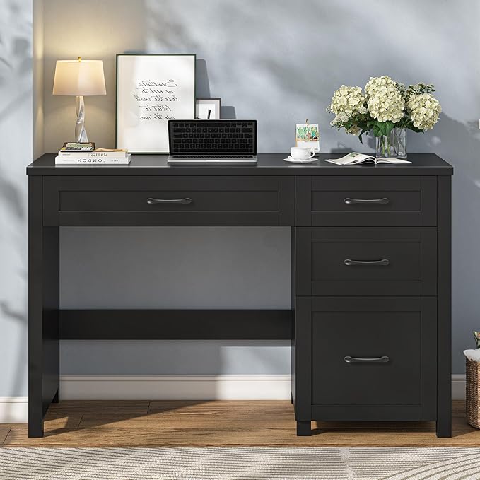 Farmhouse 47 Executive Desk with File Drawer Wood Computer Desk with 3 Storage Drawers Workstation for Home Office Study Writing(Pure Black)